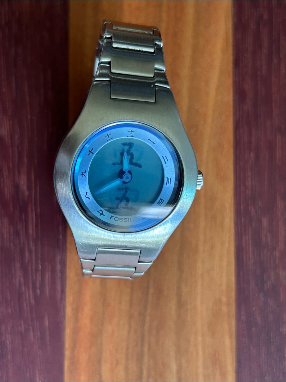 Vintage Fossil Big Tic JR-8000 Blue Kanji Stainless S… - Gem